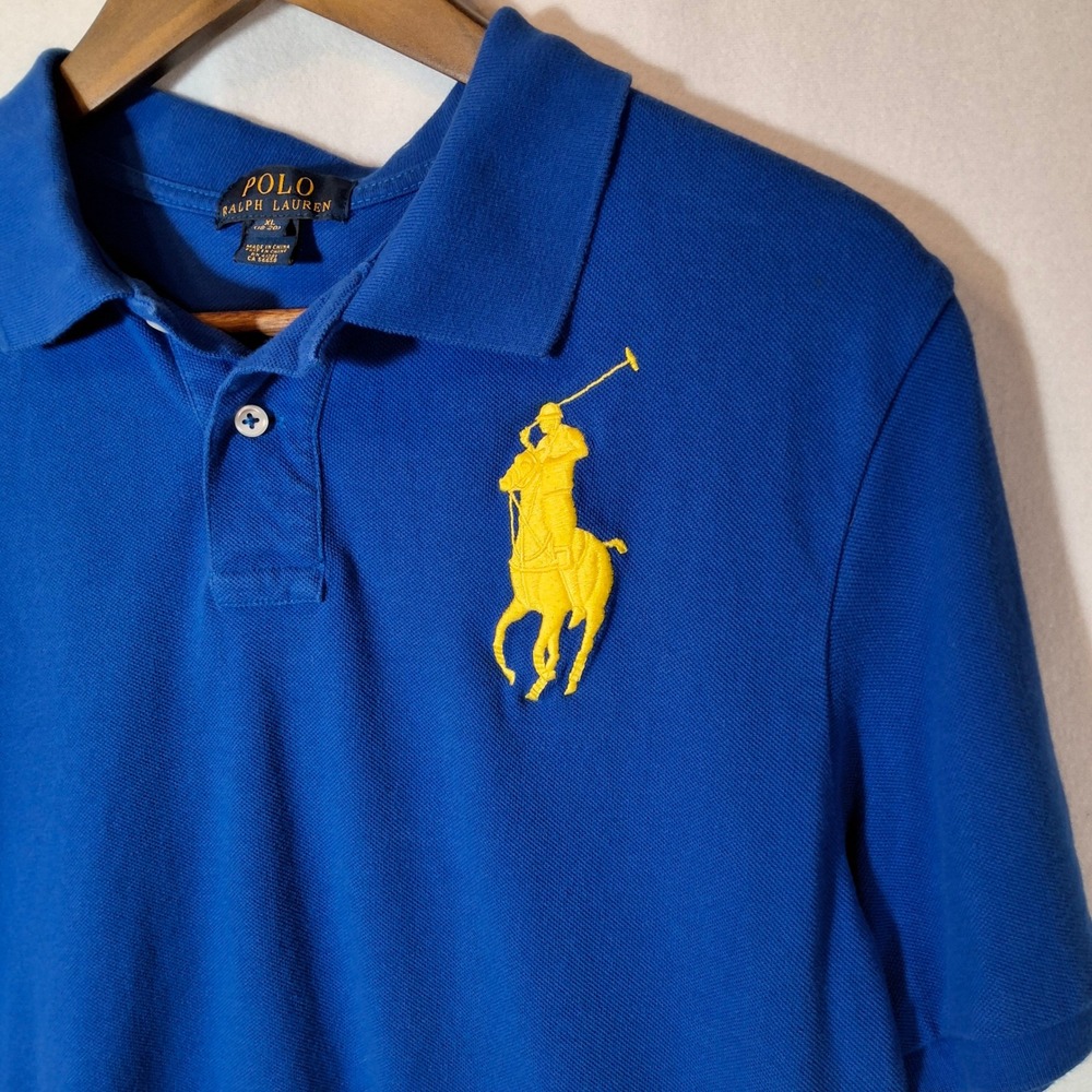 Polo Ralph Lauren Mens Big Pony Polo Shirt Blue Yellow XL 18-20 Short Sleeve - Picture 2 of 6